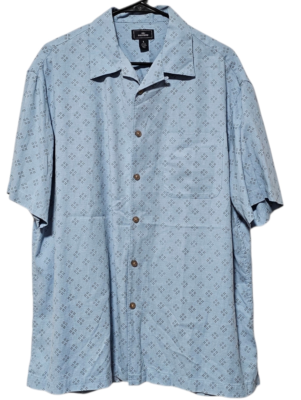 Dockers Men's Blue Patterned Silk Blend Short Sleeve Button Down Size L